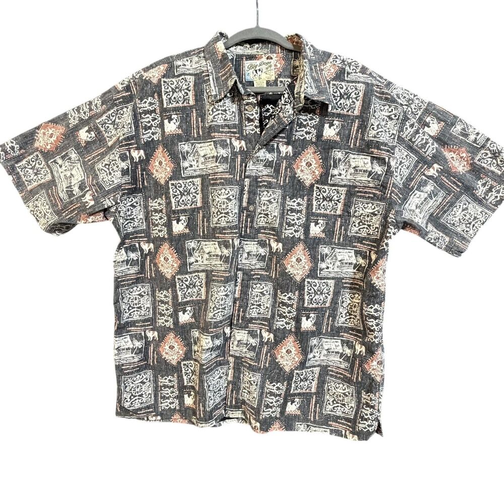 Big Dogs Shirt Mens XL Gray Hawaiian Tribal Dog Print Short Sleeve Button Up